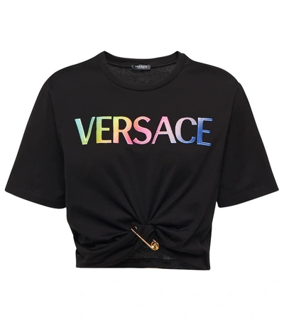 Versace Logo Cotton Crop T-shirt W/ Safety Pin In Nero