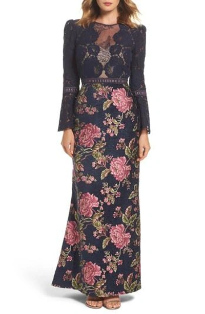 Tadashi Shoji Lace Bodice Brocade Gown In Navy