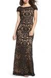 Tadashi Shoji Illusion Yoke Gown In Black/ Nude