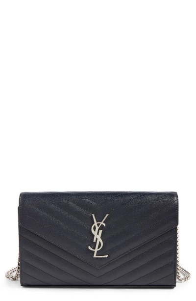 Saint Laurent Monogramme Quilted Leather Wallet On A Chain In Deep Marine