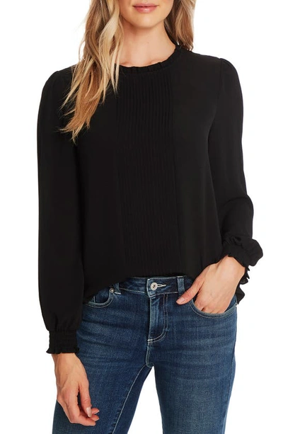 Cece Pintucked Smocked Cuff Chiffon Top In Rich Black