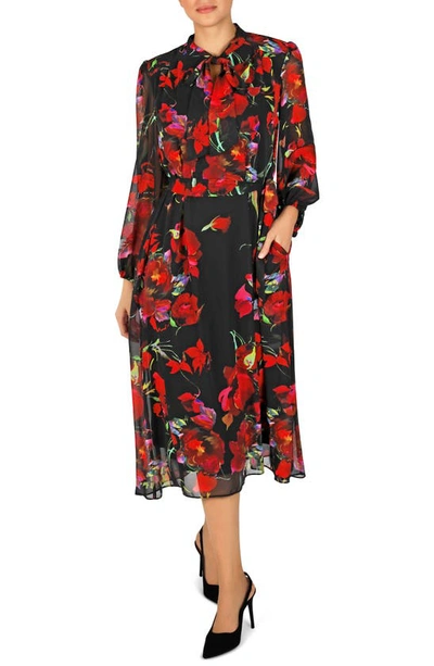 Donna Ricco Floral Print Long Sleeve Dress In Black/ Multi