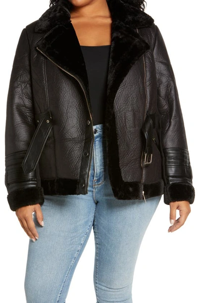 River Island Belted Faux Leather & Faux Fur Aviator Jacket In Black ...