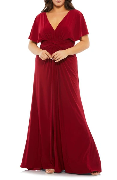 Mac Duggal Plus Size V-neck Solid Jersey Gown In Deep Red