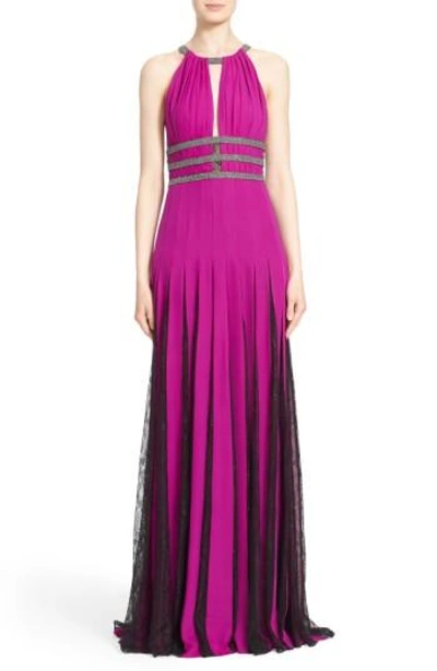 Badgley Mischka Couture Silk Halter Gown With Lace Pleats In Orchid/ Smoke