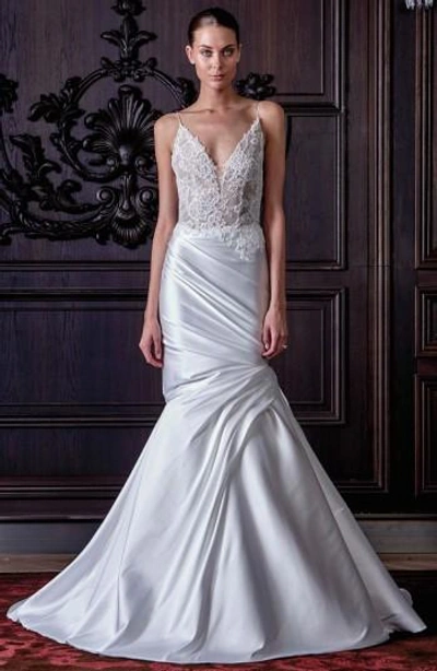 Monique Lhuillier Hadley Chantilly Lace & Mikado Trumpet Gown In Silk White/ Nude