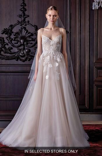 Monique Lhuillier Severine Chantilly Lace Tulle Gown In Silk