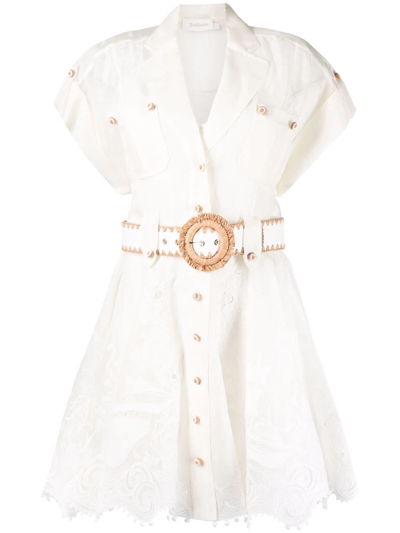 Zimmermann Postcard Belted Broderie Anglaise Linen And Silk-blend Mini Dress In White