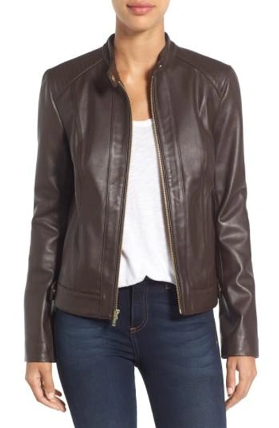 Cole Haan Seamed Leather Jacket In Cognac