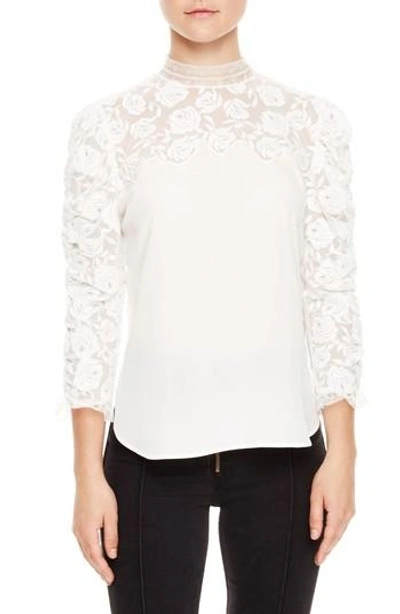 Sandro Ruched Sleeve Lace Blouse In White