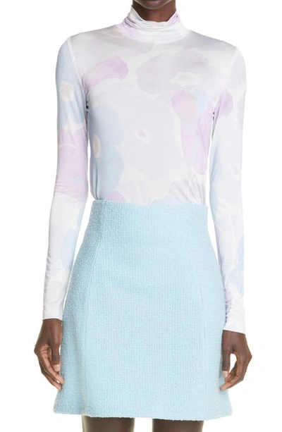 St John Watercolor Floral Print Turtleneck Top In Pale Blue Multi