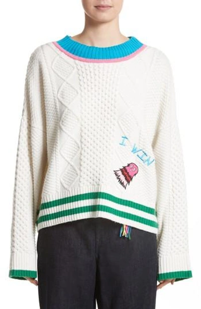 Mira Mikati Monster Embroidered Cable Knit Sweater In Cream