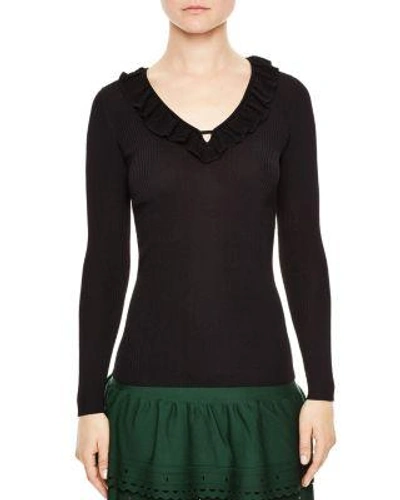 Sandro Noella Notched-neck Ruffled Sweater In Black