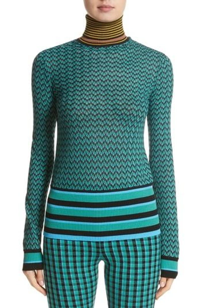 Missoni Zigzag & Stripe Mock Neck Sweater In Green/ Blue
