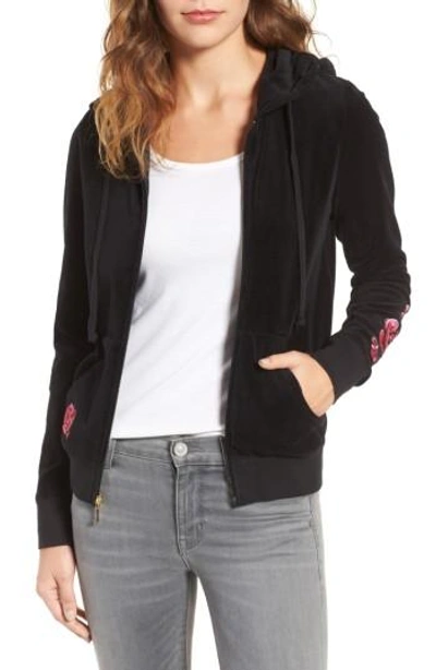 Juicy Couture Floral Enchantment Robertson Velour Hoodie In Pitch Black