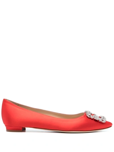 Manolo Blahnik Hangisi Buckle-detail Ballerina Shoes In Red