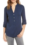 Amour Vert 'elena' Roll Tab Sleeve Top In Navy