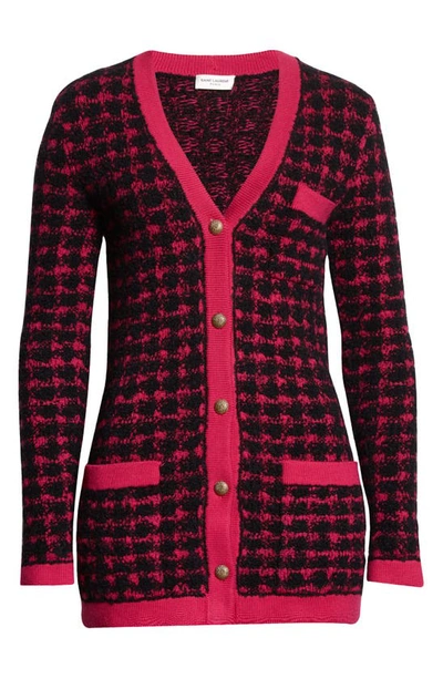 Saint Laurent Check-pattern Textured Long Cardigan In Black,pink