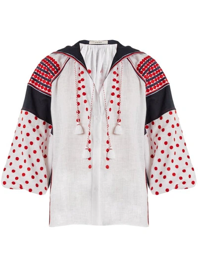 Vita Kin Dots Embroidered Mid-weight Linen Blouse In Red White