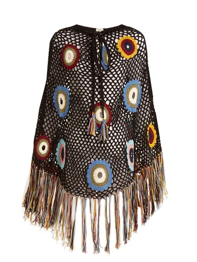 Talitha Hand-crocheted Fringe Poncho In Black