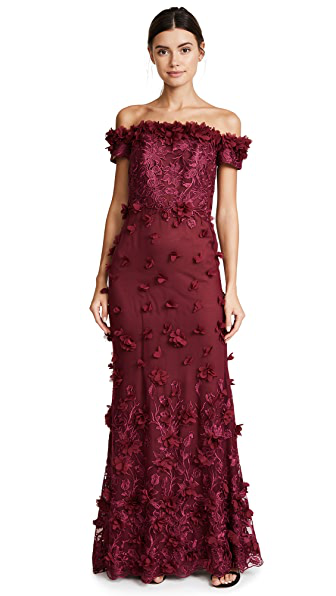 marchesa notte off the shoulder
