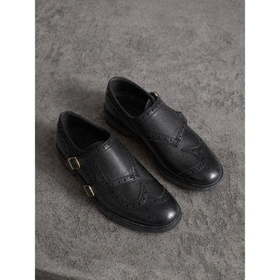 Burberry Brogue Detail Textured Leather Monk Shoes In Black