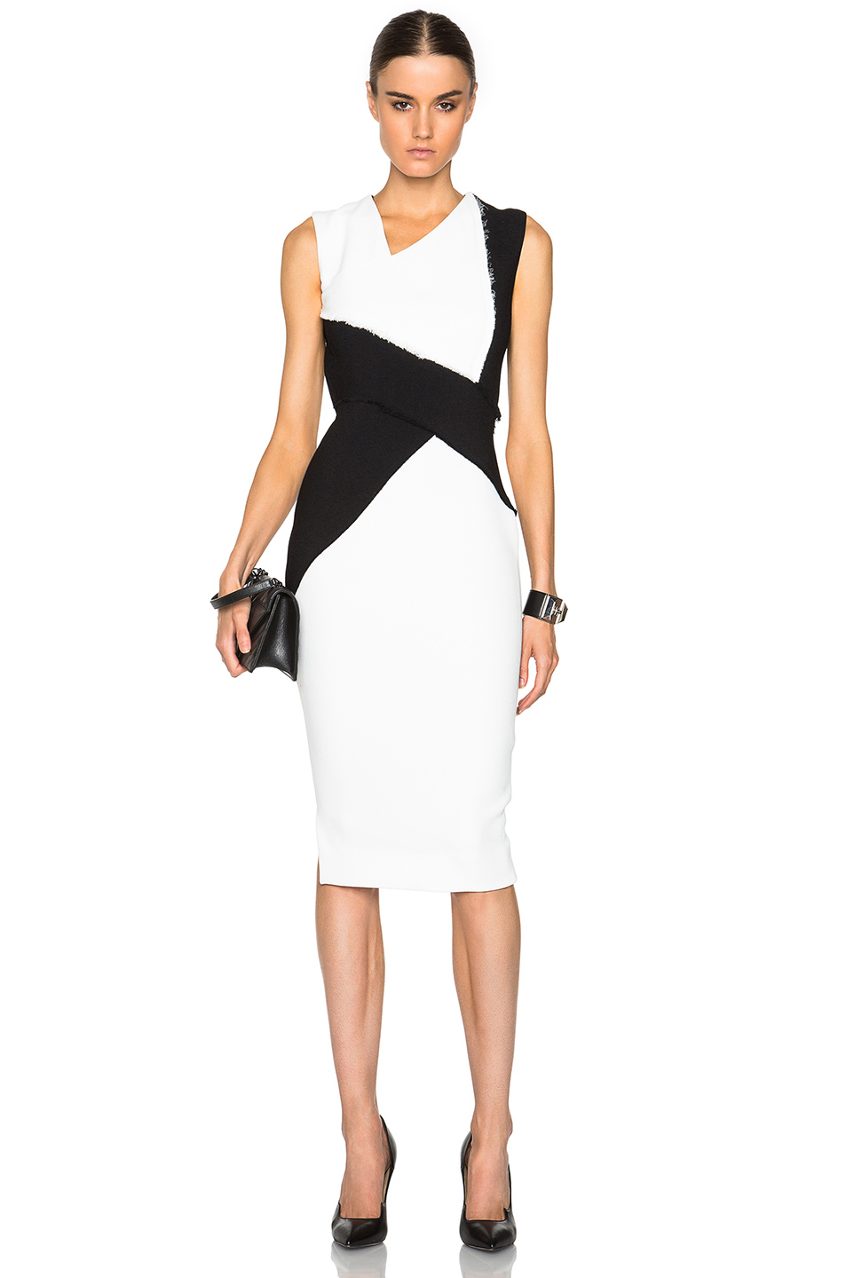 Victoria Beckham Dense Sable Patchwork Fitted Dress In Black & White ...