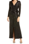 Eliza J Sequin Wrap Front Long Sleeve Gown In Black