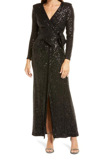Eliza J Sequin Wrap Front Long Sleeve Gown In Black
