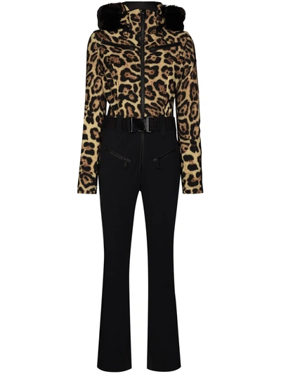 Goldbergh Lynx Hooded Belted Jaguar-print Ski Suit In Brown