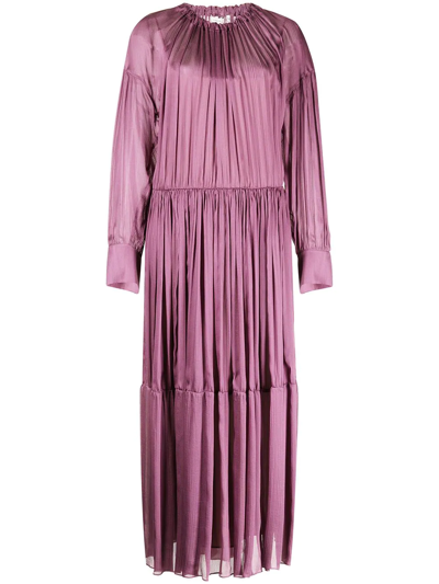 Vince Shirred-neck Long-sleeved Dress In Purple