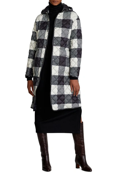 Polo Ralph Lauren Reversible Buffalo Check Quilted Coat With Detachable Hood In Black/ White Check