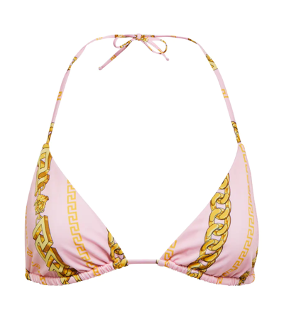 Versace Chain Pinstripe Triangle Bikini Top In Pink