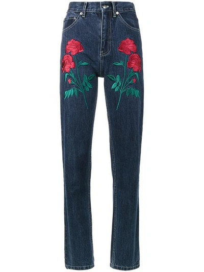 Adam Selman Rodeo Rose Embroidered Jeans In Blue
