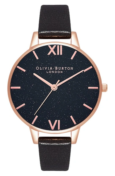 Olivia Burton Glitter Leather Strap Watch, 38mm In Black