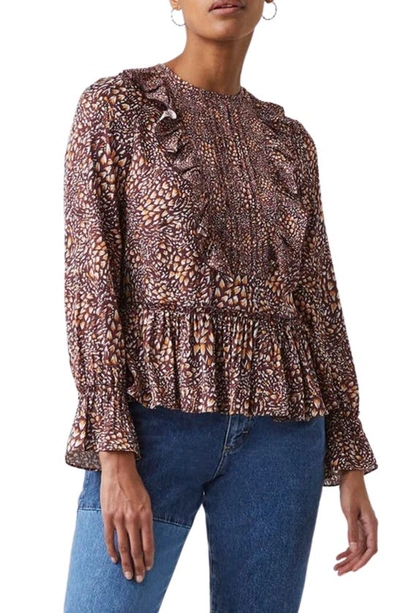 French Connection Faith Ruffle Long Sleeve Blouse In Bitter Choc Satsuma