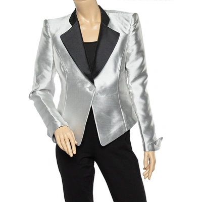 Pre-owned Emporio Armani Metallic Silver Synthetic Contrast Detail Cropped Blazer L