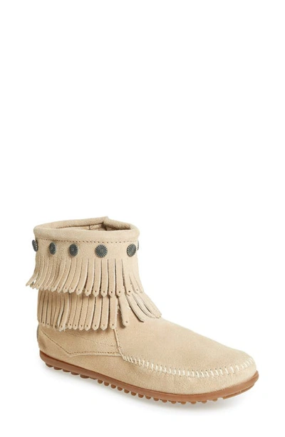 Minnetonka Double Fringe Boot In Stone Suede