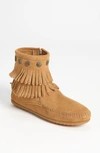 Minnetonka Double Fringe Boot In Taupe Suede