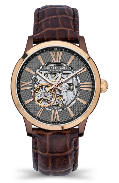 Kenneth Cole 43mm Rose Gold Skeleton Automatic Alligator Leather Strap Watch In Brown Dark