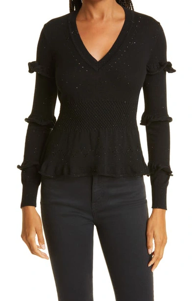 Nicole Miller Sequin Ruffle Long Sleeve V-neck Sweater In Black