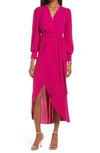 Fraiche By J Long Sleeve Faux Wrap Dress In Magenta