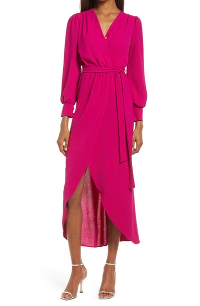 Fraiche By J Long Sleeve Faux Wrap Dress In Magenta