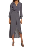 Fraiche By J Long Sleeve Faux Wrap Dress In Charcoal