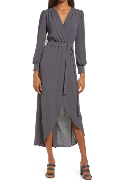 Fraiche By J Long Sleeve Faux Wrap Dress In Charcoal
