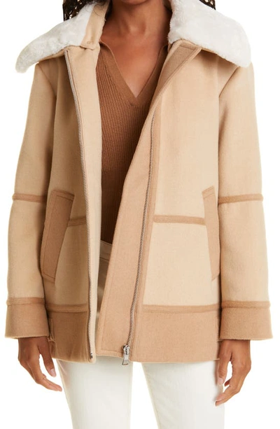 Club Monaco Mix Media Wool Blend Coat With Detachable Faux Shearling Liner In Camel Multi