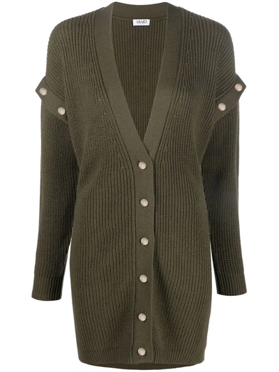 Liu •jo Ribbed-knit Button-embellished Cardigan In Green