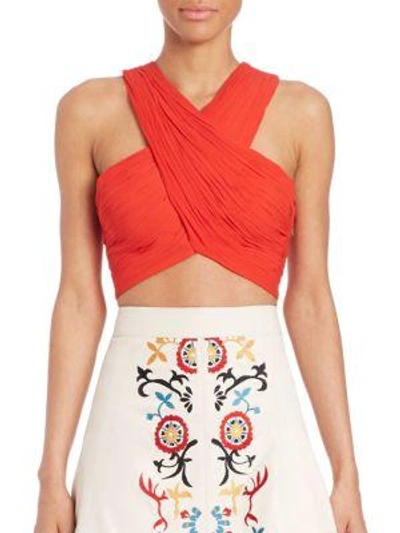 Alice And Olivia Woman Leyna Cropped Linen-blend Plissé Halterneck Top Red In Light Poppy