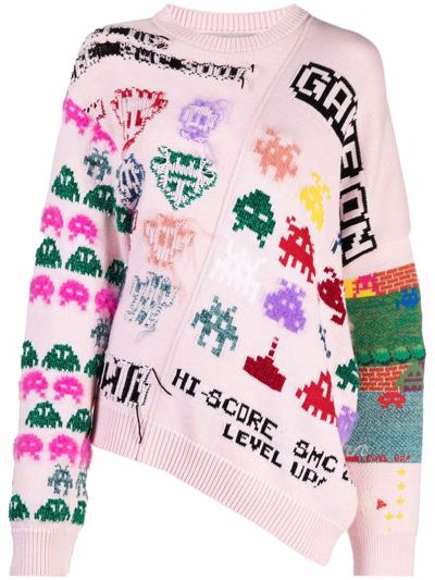 Stella Mccartney Game On Asymmetric Metallic Intarsia Cotton-blend Sweater In Pink