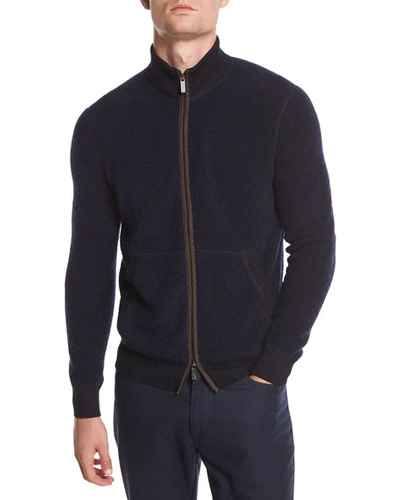 Ermenegildo Zegna Boucle Zip Bomber Sweater With Leather Detail In Navy